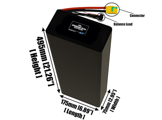 Size reference photo of the 51000mAh 55.5V LiPo pack showing 175 mm by 75 mm by 495 mm dimensions ideal for drones or large robotic systems where space matters.