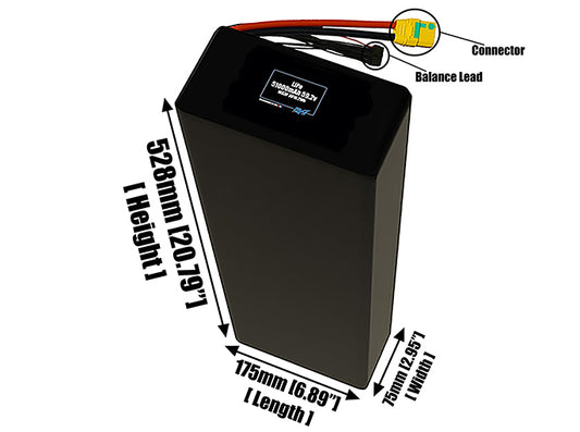 Size reference photo of the 51000mAh 59.2V LiPo pack showing 175 mm by 75 mm by 528 mm dimensions ideal for drones or large robotic systems where space matters.