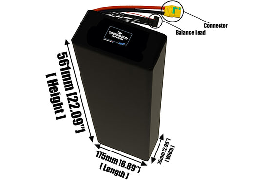Size reference photo of the 51000mAh 62.9V LiPo pack showing 175 mm by 75 mm by 561 mm dimensions ideal for drones or large robotic systems where space matters.