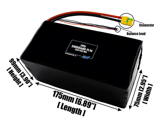 Size reference photo of the 51000mAh 11.1V LiPo pack showing 175 mm by 75 mm by 99 mm dimensions ideal for drones or large robotic systems where space matters.