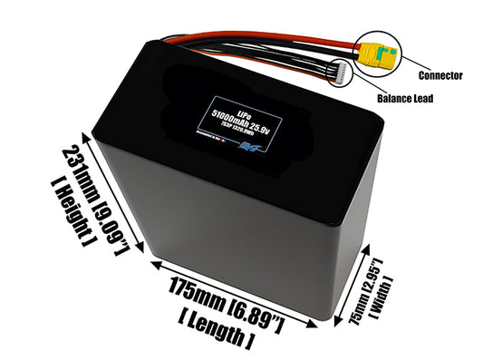 Size reference photo of the 51000mAh 25.9V LiPo pack showing 175 mm by 75 mm by 231 mm dimensions ideal for drones or large robotic systems where space matters.