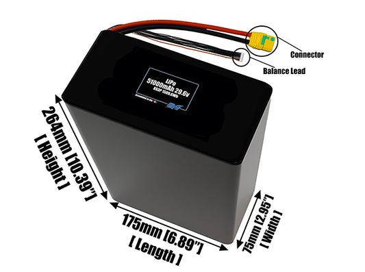 Size reference photo of the 51000mAh 29.6V LiPo pack showing 175 mm by 75 mm by 264 mm dimensions ideal for drones or large robotic systems where space matters.