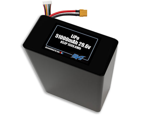 Compact 29.6-volt 51000mAh lithium-polymer battery, built for lightweight drone, UAV, and robotics projects.