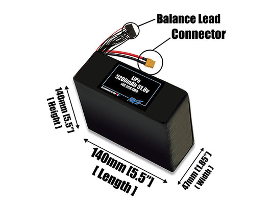 Size reference photo of the 5200mAh 14.8V LiPo pack showing 140 mm by 47 mm by 140 mm dimensions ideal for drones or robotic systems where space matters.