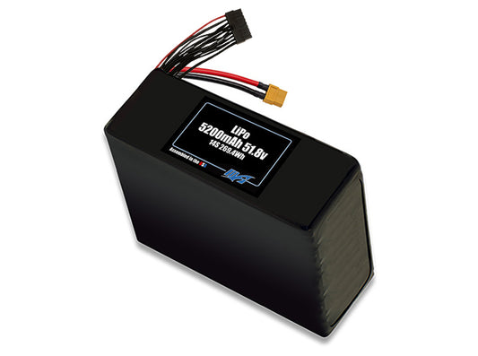 Compact 51.8-volt 5200mAh lithium-polymer battery, built for lightweight drone, UAV, and robotics projects.