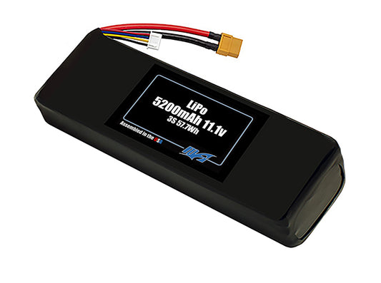 Compact 11.1-volt 5200mAh lithium-polymer battery, built for lightweight drone, UAV, and robotics projects.