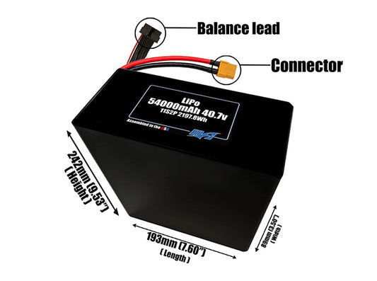 Size reference photo of the 54000mAh 40.7V LiPo pack showing 193 mm by 89 mm by 242 mm dimensions ideal for drones or large robotic systems where space matters.