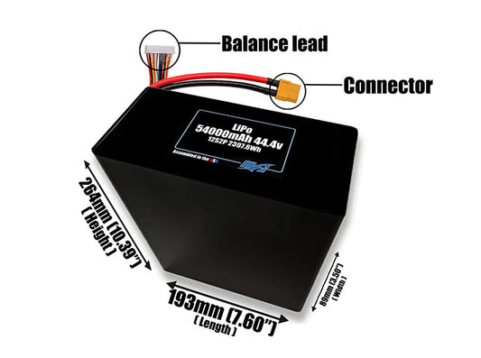 Size reference photo of the 54000mAh 44.4V LiPo pack showing 193 mm by 89 mm by 264 mm dimensions ideal for drones or large robotic systems where space matters.