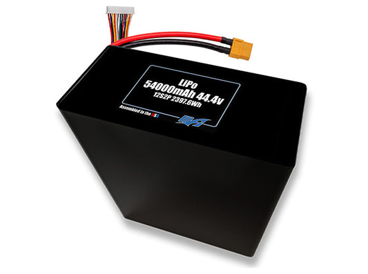 Compact 44.4-volt 54000mAh lithium-polymer battery, built for lightweight drone, UAV, and robotics projects.