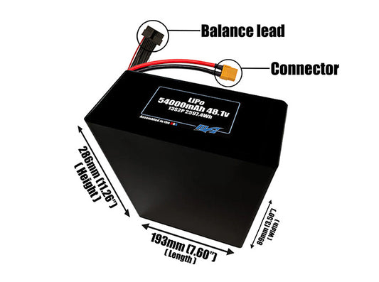 Size reference photo of the 54000mAh 3.7V LiPo pack showing 193 mm by 89 mm by 286 mm dimensions ideal for drones or large robotic systems where space matters.