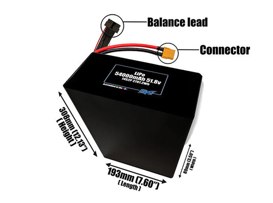 Size reference photo of the 54000mAh 51.8V LiPo pack showing 193 mm by 89 mm by 308 mm dimensions ideal for drones or large robotic systems where space matters.