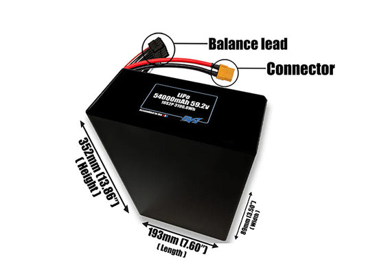 Size reference photo of the 54000mAh 59.2V LiPo pack showing 193 mm by 89 mm by 352 mm dimensions ideal for drones or large robotic systems where space matters.