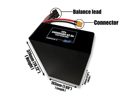 Size reference photo of the 54000mAh 62.9V LiPo pack showing 193 mm by 89 mm by 374 mm dimensions ideal for drones or large robotic systems where space matters.