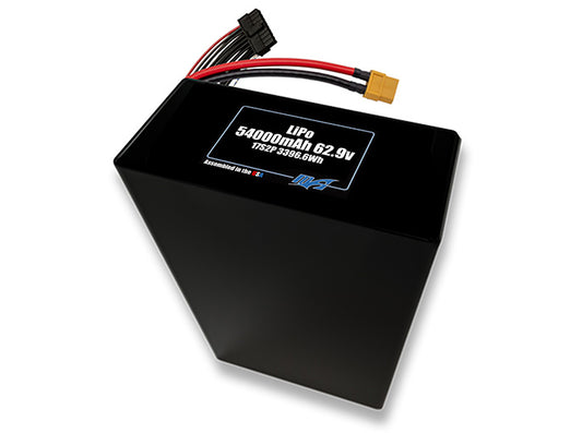 Compact 62.9-volt 54000mAh lithium-polymer battery, built for lightweight drone, UAV, and robotics projects.