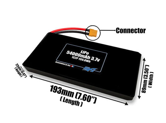 Size reference photo of the 54000mAh 3.7V LiPo pack showing 193 mm by 89 mm by 22 mm dimensions ideal for drones or large robotic systems where space matters.