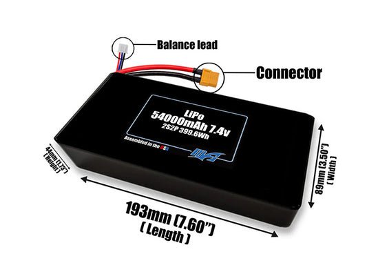 Size reference photo of the 54000mAh 7.4V LiPo pack showing 193 mm by 89 mm by 44 mm dimensions ideal for drones or large robotic systems where space matters.