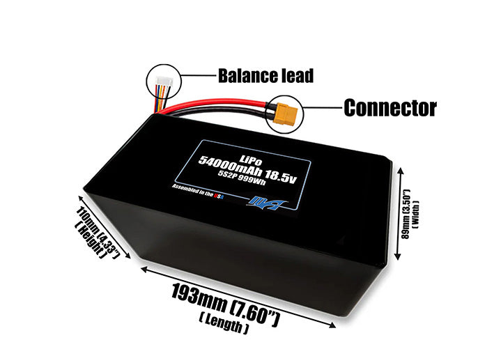 Size reference photo of the 54000mAh 18.5V LiPo pack showing 193 mm by 89 mm by 110 mm dimensions ideal for drones or large robotic systems where space matters.