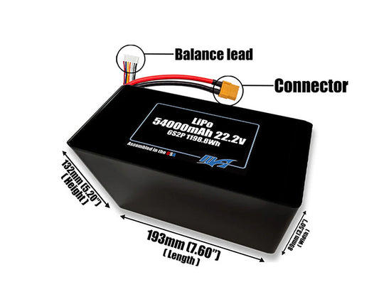 Size reference photo of the 54000mAh 22.2V LiPo pack showing 193 mm by 89 mm by 132 mm dimensions ideal for drones or large robotic systems where space matters.