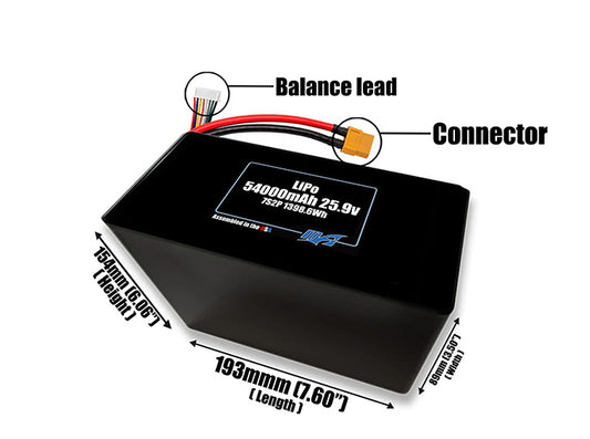 Size reference photo of the 54000mAh 25.9V LiPo pack showing 193 mm by 89 mm by 154 mm dimensions ideal for drones or large robotic systems where space matters.