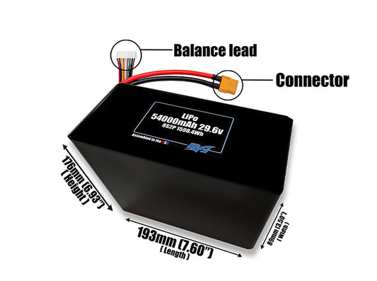 Size reference photo of the 54000mAh 29.6V LiPo pack showing 193 mm by 89 mm by 176 mm dimensions ideal for drones or large robotic systems where space matters.