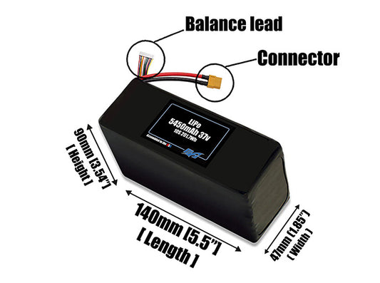 Size reference photo of the 5450mAh 37V LiPo pack showing 140 mm by 47 mm by 90 mm dimensions ideal for drones or robotic systems where space matters.