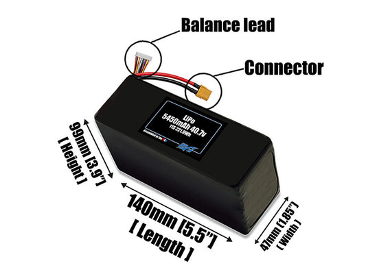 Size reference photo of the 5450mAh 40.7V LiPo pack showing 140 mm by 47 mm by 99 mm dimensions ideal for drones or robotic systems where space matters.