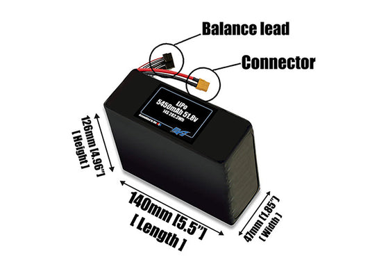 Size reference photo of the 5450mAh 51.8V LiPo pack showing 140 mm by 47 mm by 126 mm dimensions ideal for drones or robotic systems where space matters.