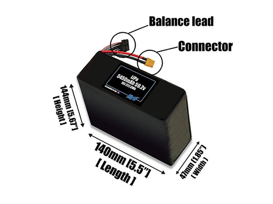 Size reference photo of the 5450mAh 59.2V LiPo pack showing 140 mm by 47 mm by 144 mm dimensions ideal for drones or robotic systems where space matters.