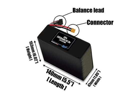 Size reference photo of the 5450mAh 62.9V LiPo pack showing 140 mm by 47 mm by 153 mm dimensions ideal for drones or robotic systems where space matters.