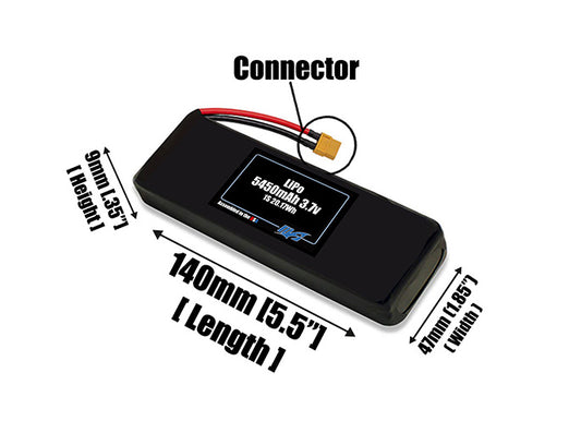 Size reference photo of the 5450mAh 3.7V LiPo pack showing 140 mm by 47 mm by 9 mm dimensions ideal for drones or robotic systems where space matters.
