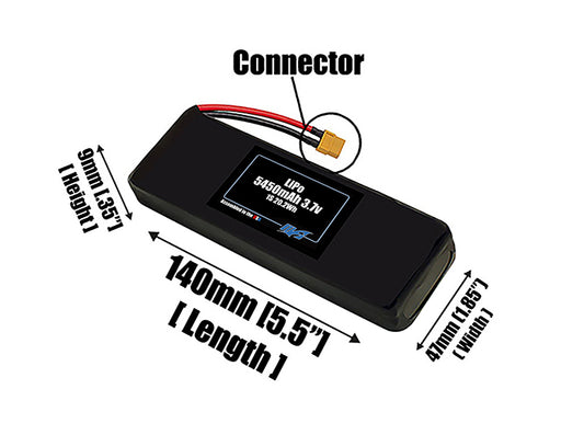 Size reference photo of the 5450mAh 3.7V LiPo pack showing 140 mm by 47 mm by 9 mm dimensions ideal for drones or robotic systems where space matters.