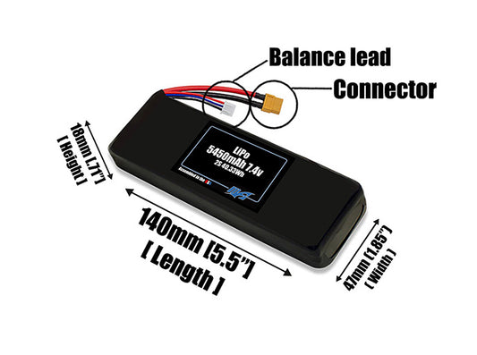 Size reference photo of the 5450mAh 7.4V LiPo pack showing 140 mm by 47 mm by 18 mm dimensions ideal for drones or robotic systems where space matters.