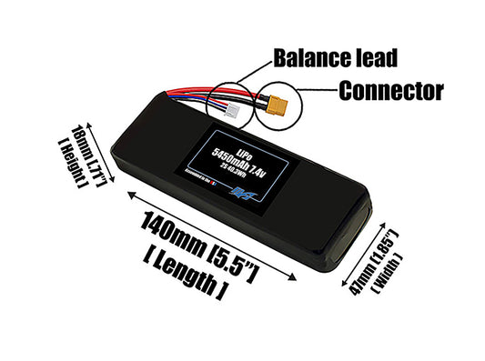 Size reference photo of the 5450mAh 7.4V LiPo pack showing 140 mm by 47 mm by 18 mm dimensions ideal for drones or robotic systems where space matters.