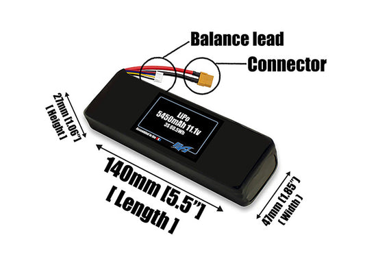 Size reference photo of the 5450mAh 11.1V LiPo pack showing 140 mm by 47 mm by 27 mm dimensions ideal for drones or robotic systems where space matters.