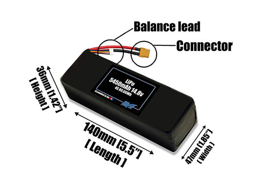 Size reference photo of the 5450mAh 14.8V LiPo pack showing 140 mm by 47 mm by 36 mm dimensions ideal for drones or robotic systems where space matters.