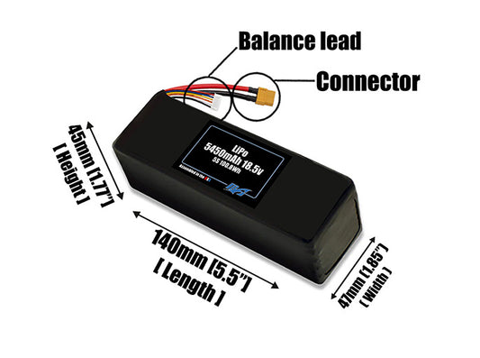 Size reference photo of the 5450mAh 18.5V LiPo pack showing 140 mm by 47 mm by 45 mm dimensions ideal for drones or robotic systems where space matters.