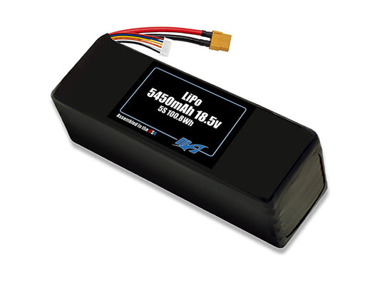 Compact 18.5-volt 5450mAh lithium-polymer battery, built for lightweight drone, UAV, and robotics projects.