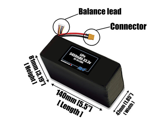 Size reference photo of the 5450mAh 33.3V LiPo pack showing 140 mm by 47 mm by 81 mm dimensions ideal for drones or robotic systems where space matters.