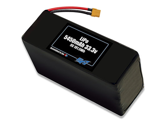 Compact 33.3-volt 5450mAh lithium-polymer battery, built for lightweight drone, UAV, and robotics projects.