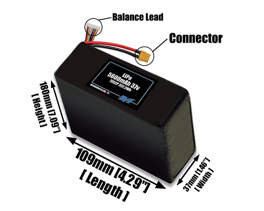 Size reference photo of the 5600mAh 37V LiPo pack showing 109 mm by 37 mm by 180 mm dimensions ideal for drones or robotic systems where space matters.