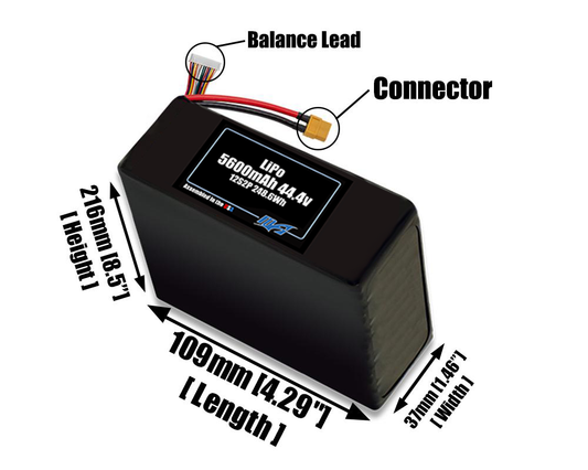 Size reference photo of the 5600mAh 44.4V LiPo pack showing 109 mm by 37 mm by 216 mm dimensions ideal for drones or robotic systems where space matters.