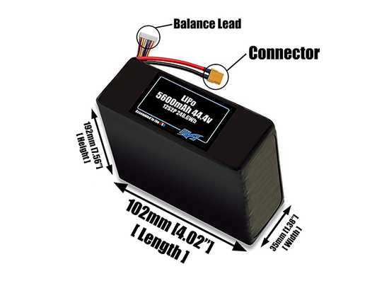 Size reference photo of the 5600mAh 44.4V LiPo pack showing 109 mm by 37 mm by 216 mm dimensions ideal for drones or robotic systems where space matters.