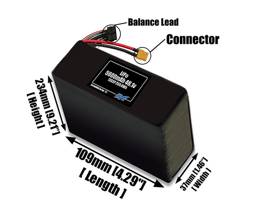 Size reference photo of the 5600mAh 48.1V LiPo pack showing 109 mm by 37 mm by 234 mm dimensions ideal for drones or robotic systems where space matters.