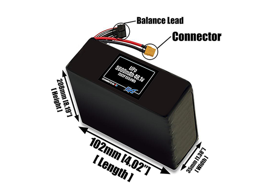 Size reference photo of the 5600mAh 48.1V LiPo pack showing 109 mm by 37 mm by 234 mm dimensions ideal for drones or robotic systems where space matters.