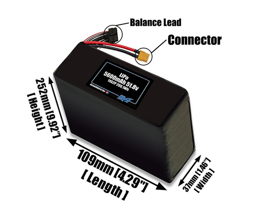 Size reference photo of the 5600mAh 51.8V LiPo pack showing 109 mm by 37 mm by 252 mm dimensions ideal for drones or robotic systems where space matters.