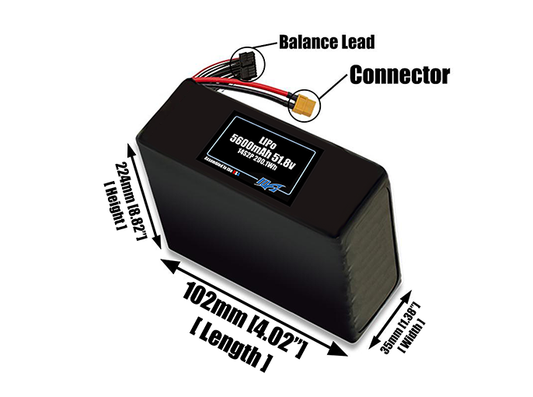 Size reference photo of the 5600mAh 51.8V LiPo pack showing 109 mm by 37 mm by 252 mm dimensions ideal for drones or robotic systems where space matters.
