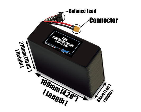 Size reference photo of the 5600mAh 55.5V LiPo pack showing 109 mm by 37 mm by 270 mm dimensions ideal for drones or robotic systems where space matters.