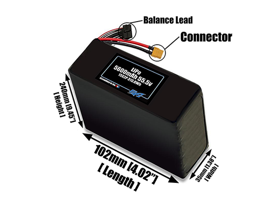 Size reference photo of the 5600mAh 55.5V LiPo pack showing 109 mm by 37 mm by 270 mm dimensions ideal for drones or robotic systems where space matters.