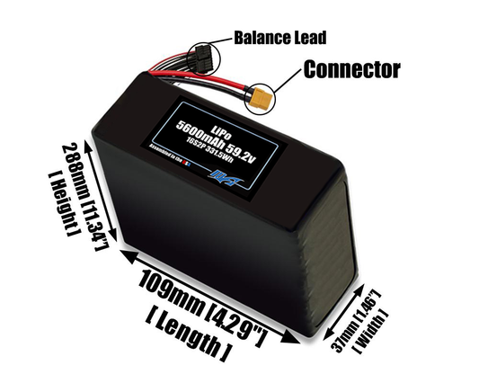 Size reference photo of the 5600mAh 59.2V LiPo pack showing 109 mm by 37 mm by 288 mm dimensions ideal for drones or robotic systems where space matters.