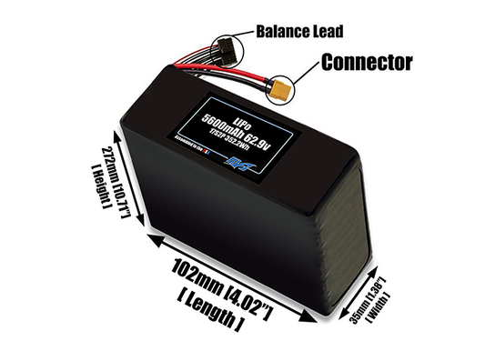 Size reference photo of the 5600mAh 62.9V LiPo pack showing 109 mm by 37 mm by 306 mm dimensions ideal for drones or robotic systems where space matters.